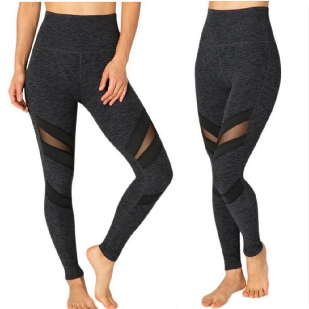 Beyond Yoga Gray Mesh Panel Slant Get Enough High Waisted Leggings